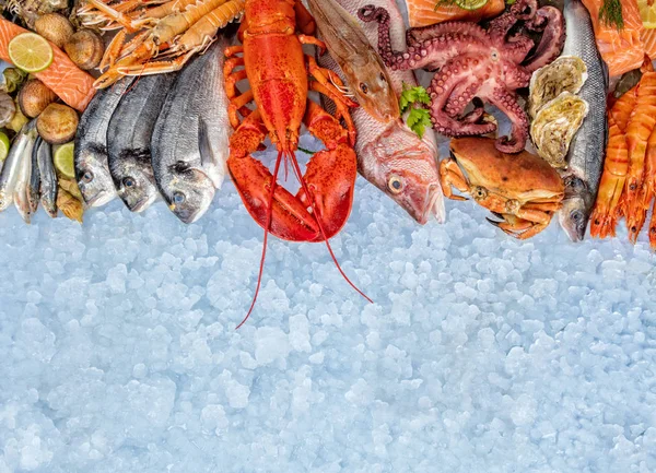 Många typer av fisk och skaldjur, serveras på krossad is — Stockfoto