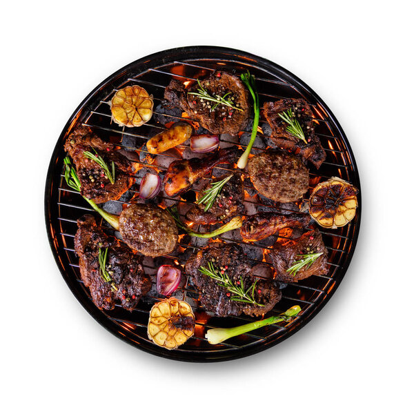 Many kinds of meat placed on grill, isolated on white background