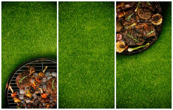 Banner mit frischem Fleisch und Gemüse auf Grill auf Gras platziert — Stockfoto
