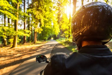 Ormandaki boş yolda sürme bisikletçinin Close-Up