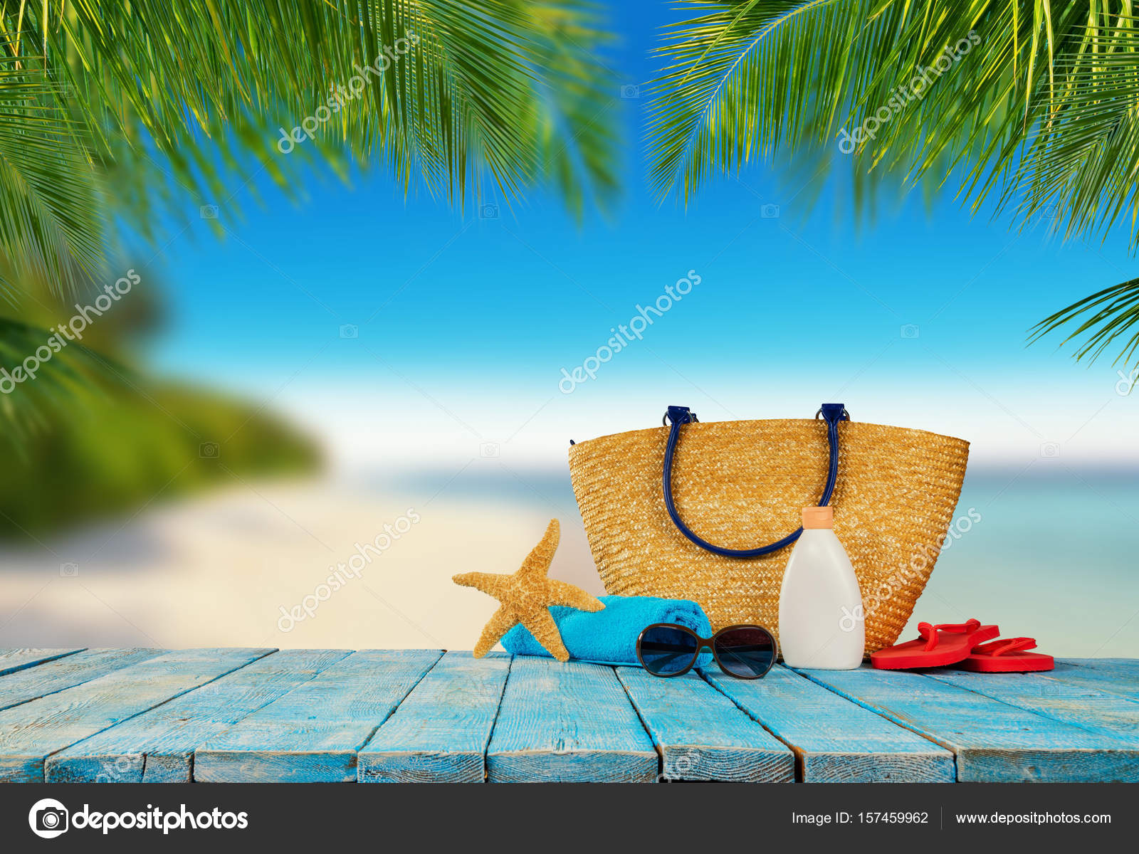 Tropical Beach With Accessories On Wooden Planks Summer Holiday Stock Photo By C Jag Cz
