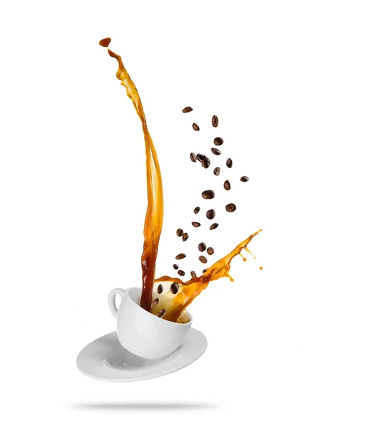 Porcelaine white cup with splashing coffee liquid with coffee be — Stock Photo, Image