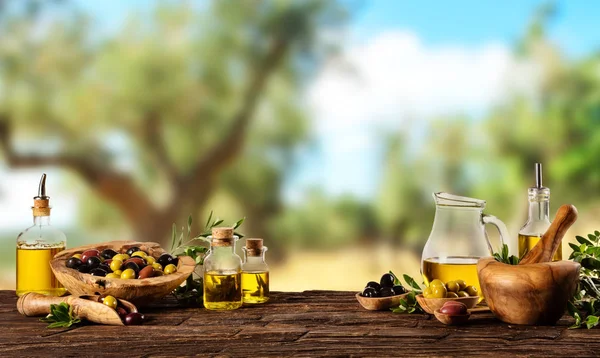 Vers geoogste olijven bessen in hout kommen en geperste olie ik — Stockfoto