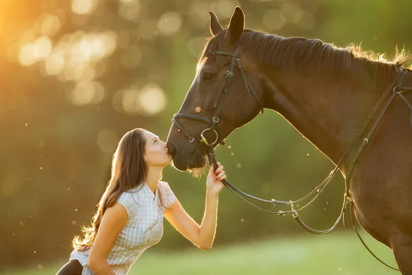 Junge Frau mit ihrem Pferd im Abendsonnenuntergang — Stockfoto