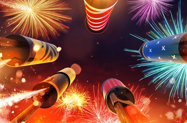 Undersidan av fireworks rockets uppskjutning i himlen — Stockfoto