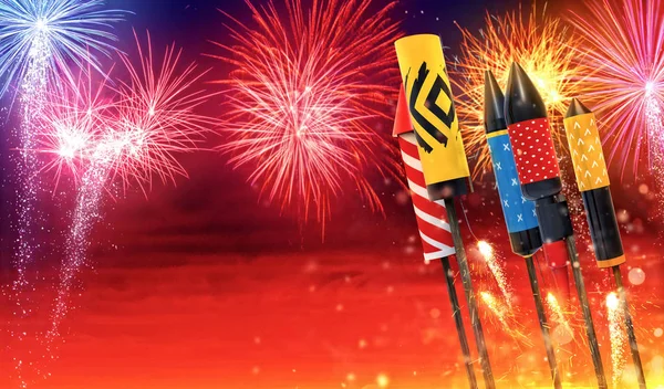 Grupp av fireworks rockets uppskjutning i himlen — Stockfoto