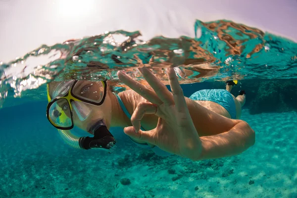 Schnorchelnde Frau erkundet wunderschönes Meerestier, Unterwasserwelt — Stockfoto