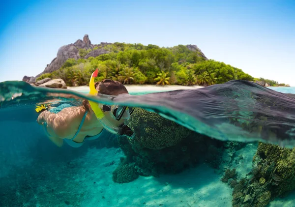 Снорклінг жінка досліджує красивий океанський морський коник — стокове фото