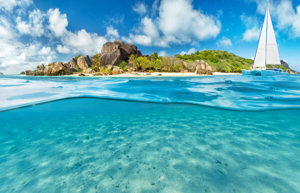 Catamaran boat with underwater view