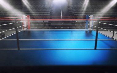 Boş halka bir boks arena, spot ışık, duman ve karanlık gece sc
