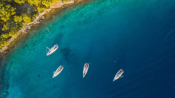 Vista aérea do grupo de veleiros ancorando ao lado do recife — Fotografia de Stock