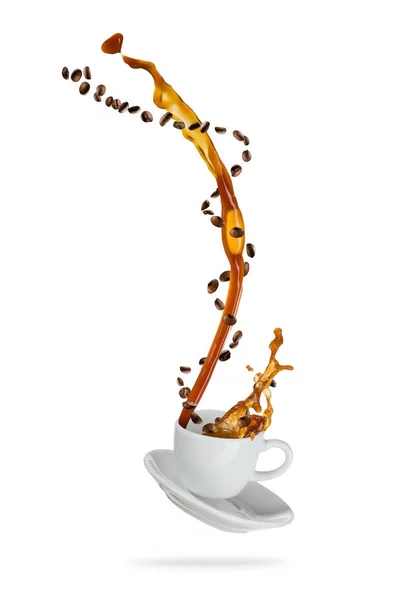 Boisson à café éclaboussante de la tasse, isolée sur fond blanc — Photo