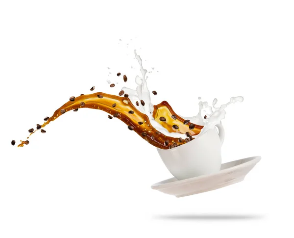 Spatten koffie drinken met melk, geïsoleerd op witte achtergrond — Stockfoto