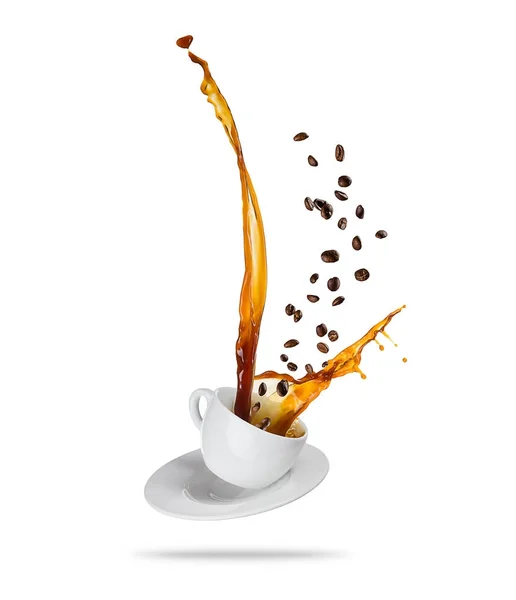 Splashing bebida de café da xícara, isolado no backgroun branco — Fotografia de Stock
