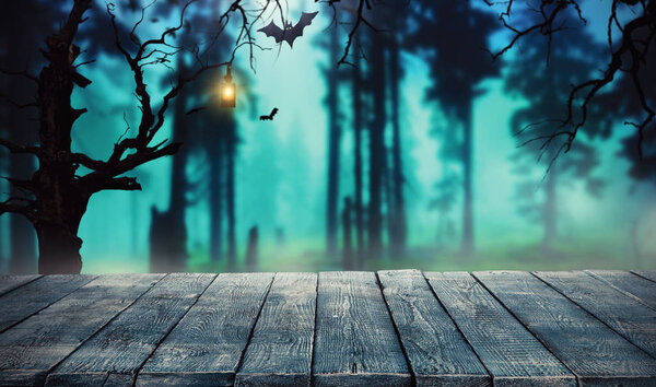 Spooky halloween background with empty wooden planks