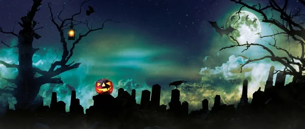 Spooky halloween background with graveyard stones silhouettes — Stock Photo, Image