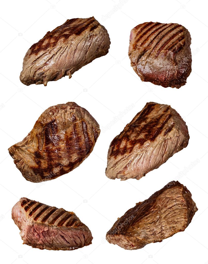 Grilled beef steaks in various kinds, collection on white backgr