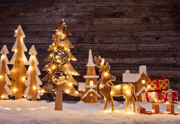 Vánoční Pozadí Osvětleným Dřevěné Vesnice Los — Stock fotografie