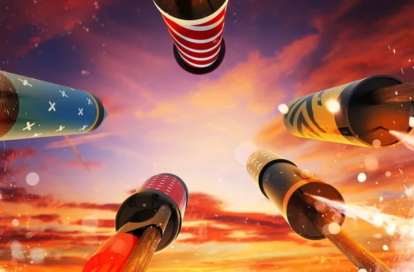 Alulnézet tűzijáték rakéták indítása az égre — Stock Fotó