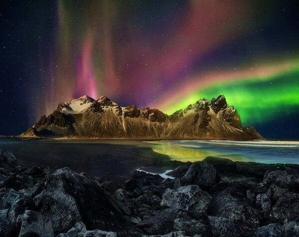 Vestrahorn Stockknes mountain range with aurora borealis, Icelan