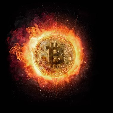 Ateş, siyah arka plan üzerine izole Bitcoin Kripto para birimi