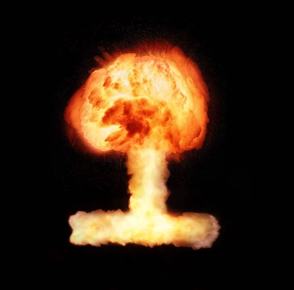 Вибух атомної бомби ізольовано на чорному тлі — стокове фото