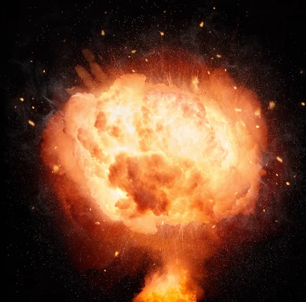 Explosão de bomba atômica isolada em fundo preto — Fotografia de Stock