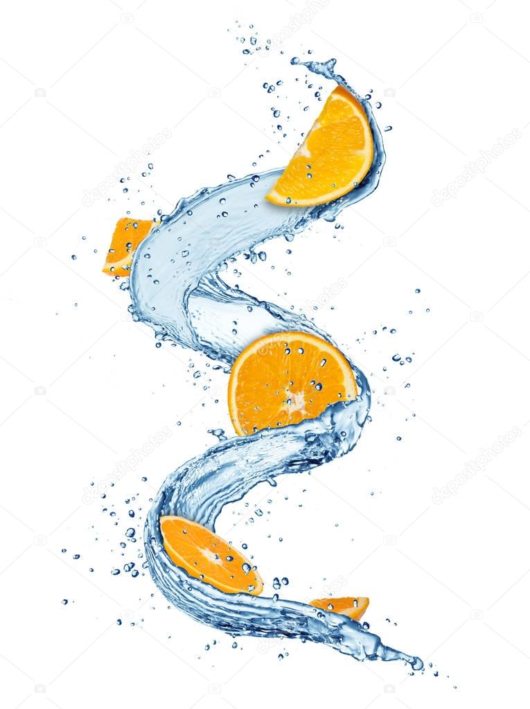 Pieces of orange fruit in water splashes, isolated on white back
