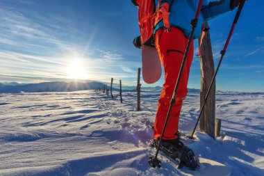 Kar ayakkabılarını toz karda yürürken snowboarder.