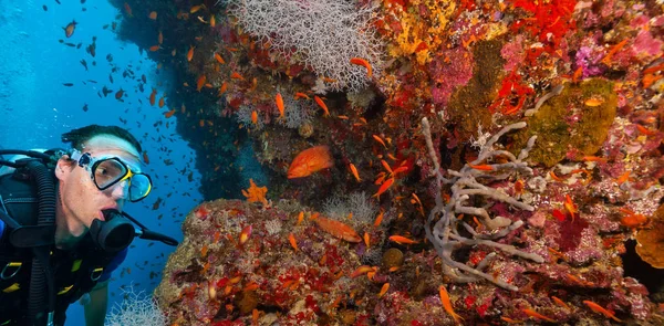 Ung man dykare att utforska korallrev — Stockfoto