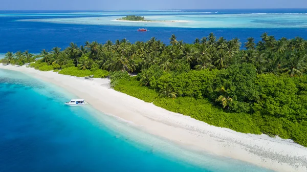 Flygfoto över tropiska Island med sandstrand, Maldiverna — Stockfoto