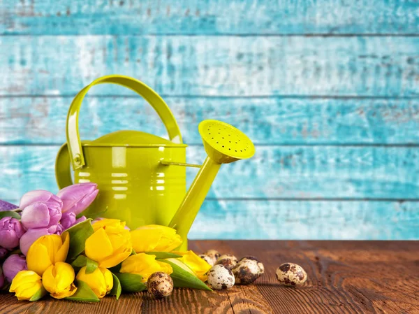 Bouquet of colored tulips with watering can — Stock Photo, Image