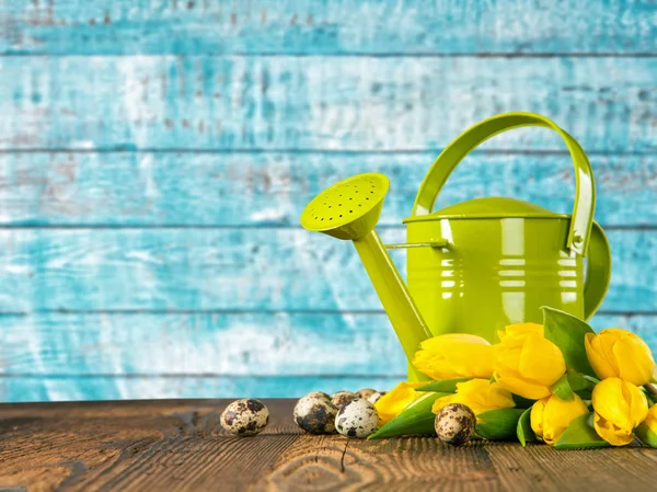 Bouquet of colored tulips with watering can — Stock Photo, Image