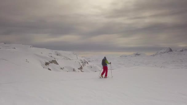 Young Man Climbing Ski Alps Aerial Footage Winter Activity — Stock Video