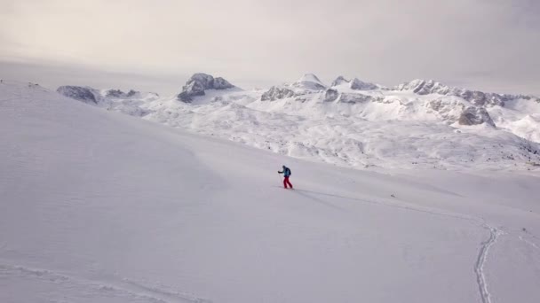 若い男の冬の活動の空中映像 アルプスでスキー登山 — ストック動画