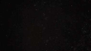 Siyah arka plan üzerine doğal organik toz parçacıkları. Işıltılı parçacıklar Bokeh ile. Ağır çekim.