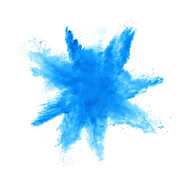 Abstract blauw poeder explosie op witte achtergrond — Stockfoto