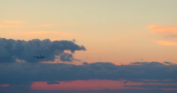 Avião Comercial Decolando Pista Pôr Sol — Vídeo de Stock