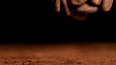 Kavrulmuş kakao çekirdeği parçalarının düşüşü çok yavaş oldu. Yüksek hızlı sinema kamerası, 1000fps.