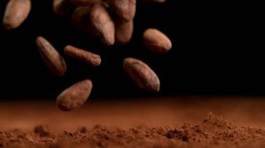 Kavrulmuş kakao çekirdeği parçalarının düşüşü çok yavaş oldu. Yüksek hızlı sinema kamerası, 1000fps.