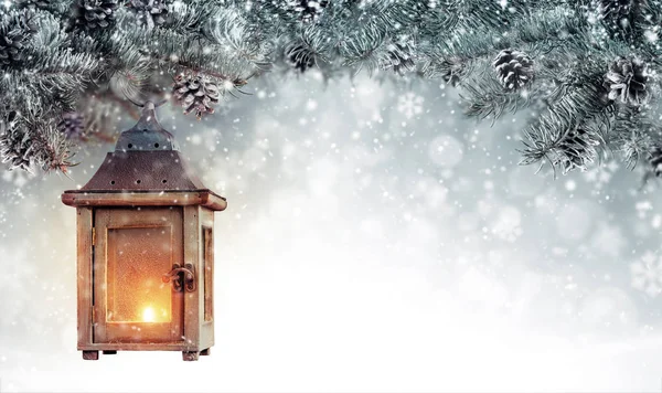 Christmas background with spruce branches and wooden lantern. — Stock Photo, Image