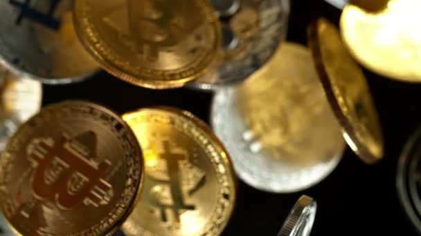 Szuper Lassított Mozgású Repülő Crypto Valuta Érmék Blockchain Technológia Bitcoin — Stock videók