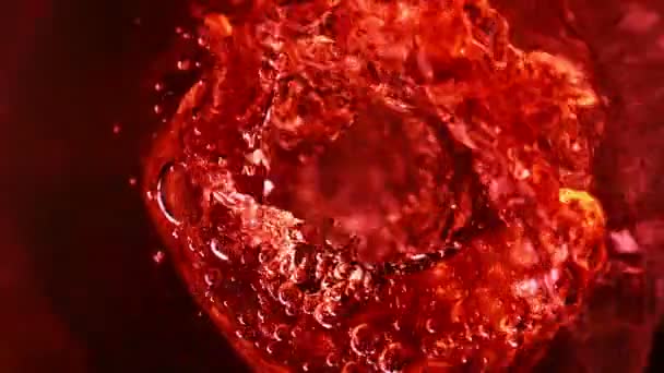 Super slow motion of pouring red wine, inside bottle view. Filmed on high speed cinema camera, 1000 fps.