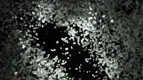 Super Slow Motion Flying Whole Grained Salt Pieces Black Background — Stock Video