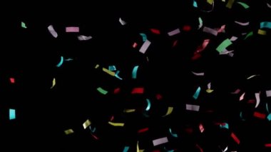 Siyah arka planda izole edilmiş uçan renkli konfetilerin süper yavaş çekimleri. Yüksek hızlı sinema kamerasıyla çekilmiş.