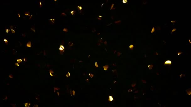 Szuper Lassított Felvétel Repülő Arany Konfetti Szív Formák Fekete Háttér — Stock videók