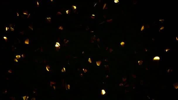 Super Slow Motion Flying Golden Confetti Hearts Shapes Black Background — Vídeo de Stock