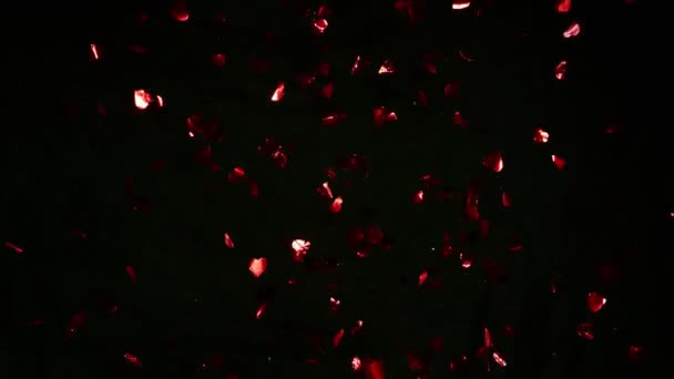 Super Slow Motion Flying Golden Confetti Hearts Shapes Black Background — Vídeo de Stock