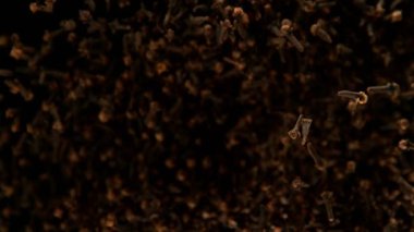 Sıfır yerçekimi hareketinde uçan kuru karanfil baharatının süper yavaş çekimi. Yüksek hızlı sinema kamerası, 1000 fps.