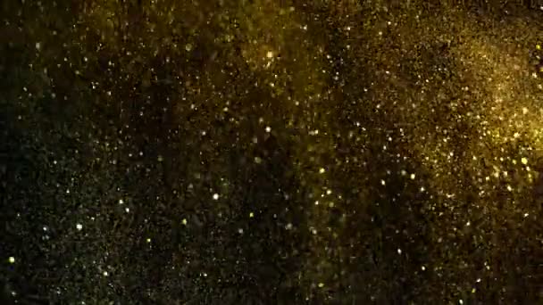 Super Slow Motion Glittering Golden Particles Black Background Shallow Depth — Stock Video